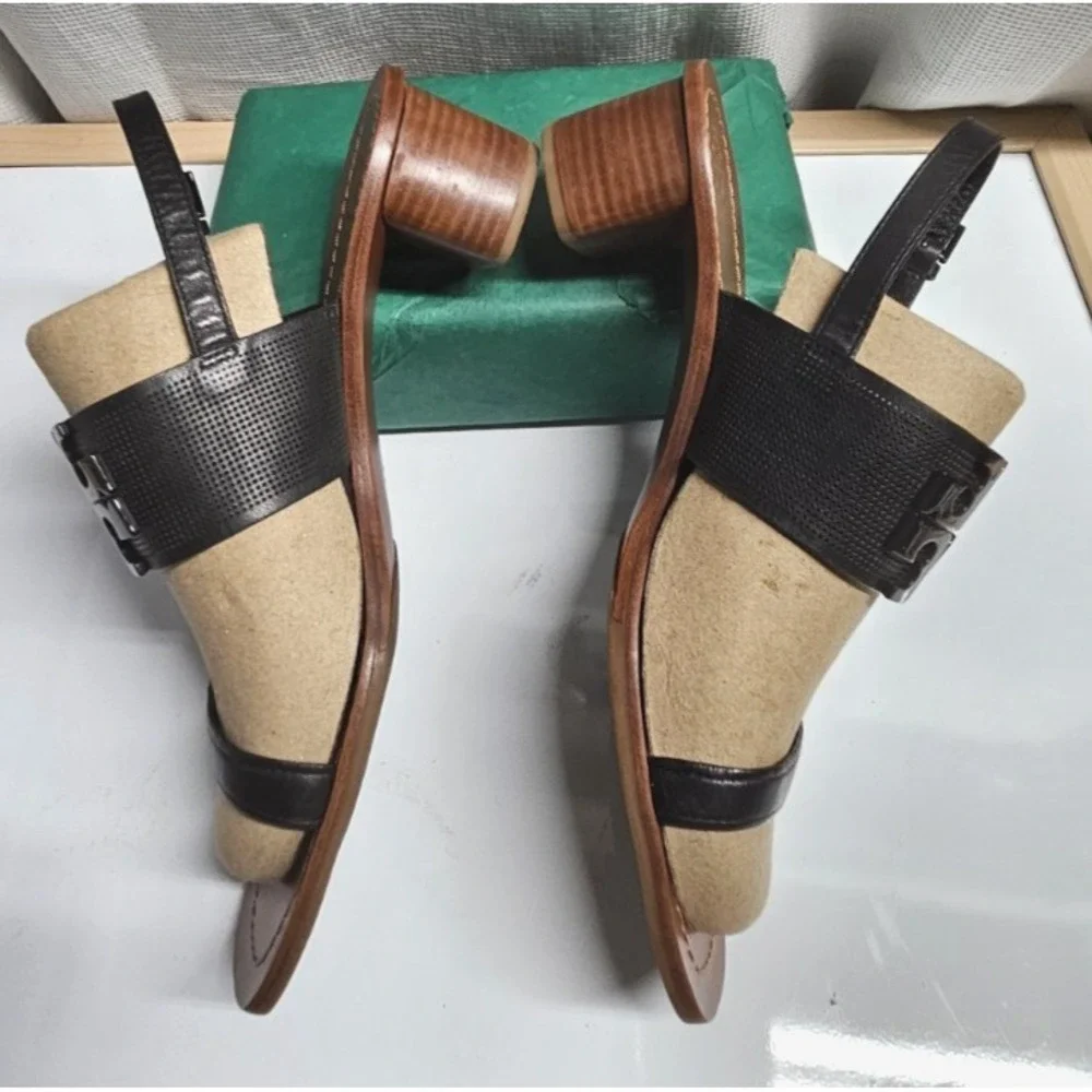 TORY BURCH Lowell black leather block heel sandals woman Sz 11‎